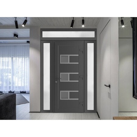Vdomdoors Front Exterior Prehung Metal-Plastic Door, Manux 8933 Antracite Grey, 2 Side Sidelite Transoms, Off MANUX8933EXD-ANT-W16+30+16xH80-LH