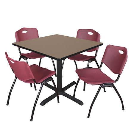 Regency Square Cain Breakroom Table W/ 4 M Stack Chairs, 36 in W, 36 in L, Noble Oak TB3636NO47BY