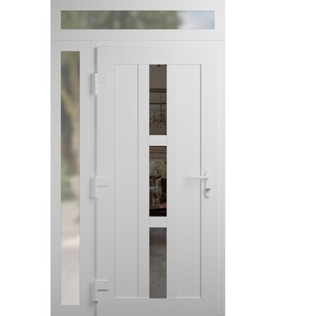 Vdomdoors Front Exterior Prehung Metal-Plastic Door, Manux 8112 White Silk, Side and Top Sidelite Transom, Of MANUX8112EXD-WS-W36+14xH80+14-RH
