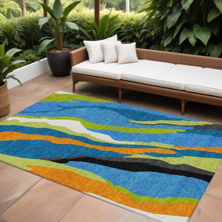 Homeroots 10' X 14' Denim Blue Copper And Green Abstract Washable Indoor Outdoor Area Rug 600965