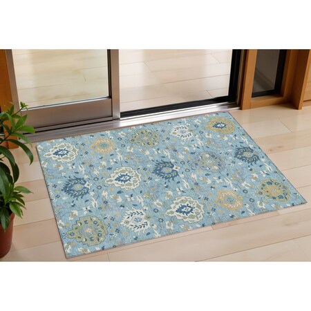 Homeroots 3' X 5' Sky Blue Ivory And Gold Damask Washable Indoor Outdoor Area Rug 599448