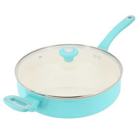 Martha Stewart Everyday Rexford 5 Quart Ceramic Nonstick Aluminum Saute Pan with Lid in Teal 141020.02
