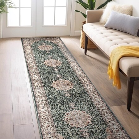 World Rug Gallery Traditional Oriental Medallion Washable Non Slip Runner Rug 2 ft x 8 ft Green WR84GREEN2X8