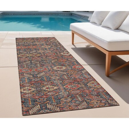 Homeroots 8' Runner Red and Dark Blue Floral Washable Non Skid Indoor Outdoor Runner Rug 564366