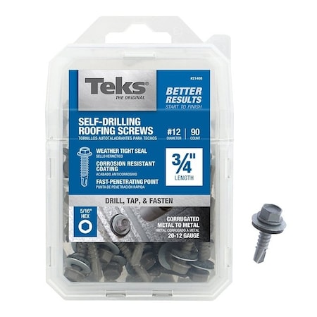 Teks Wood Screw, #12, Zinc Plated Steel 21408