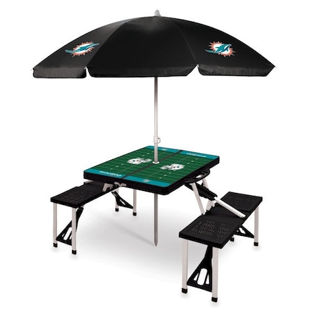 Picnic Time Family Of Brands Miami Dolphins - Picnic Table Portable Folding Table with Seats and Umbrella, (Black) 811-02-175-175-2