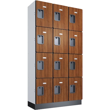 Global Industrial 4-Tier 12 Door Wood Locker, 36"W x 15"D x 76"H, Cherry, Assembled 299225