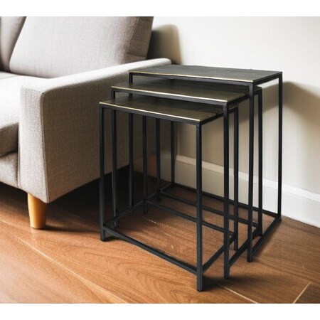Homeroots Set of Three Brass and Black Aluminum and Iron Frame Nested Tables 528064