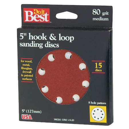 Do It Best 5'' 80-Grit 8-Hole Pattern Vented Sanding Disc with Hook & Loop Backing, 15PK 380261GA