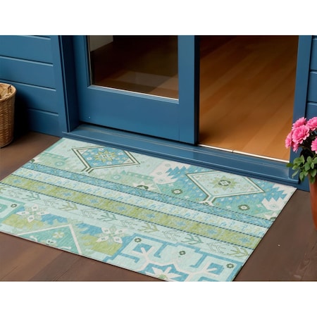 Homeroots 3' X 5' Mint Green Blue And Ivory Aztec Washable Indoor Outdoor Area Rug 598478