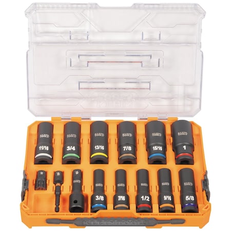 Klein Tools KNECT 1/2-Inch Drive Deep Well Impact Socket Set, SAE, 14-Piece 65111IMPCT