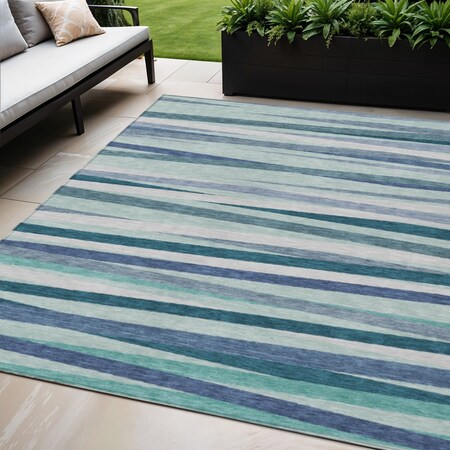 Homeroots 5' X 8' Teal Blue Gray And Ivory Striped Washable Indoor Outdoor Area Rug 597362