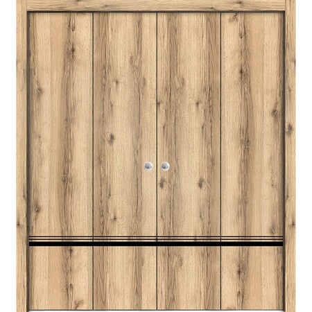 Sartodoors Sliding Closet Double Bi-fold Doors, Planum 0012 Oak and Aluminum Strips, Sturdy Tracks Moldings Tr PLANUM0012DBF-DUB-96 x 96 (4* 24x96)