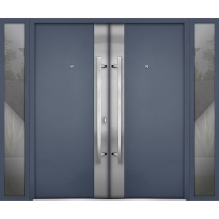 Vdomdoors Steel Double Doors Deux 0729 Gray Graphite 2 Sidelight Exterior Windows Stainless Inserts Single Mo DEUX0729DEXD-GRE-RH-W16+72+16 x H80