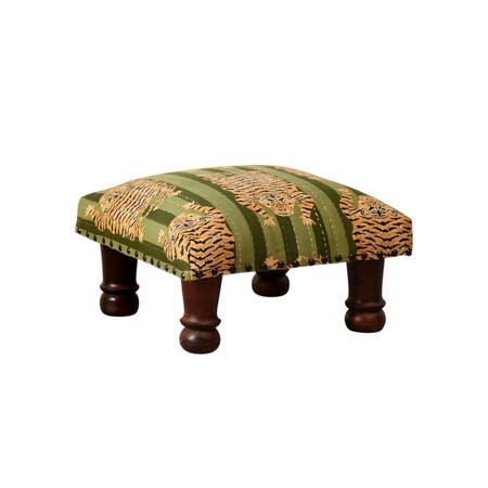 Homeroots 16" Green Tan And Brown Cotton Striped Tiger Print Footstool 634165