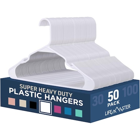 Lifemaster White Plastic Clothes Hangers, Lightweight, Non-Slip, Space-Saving, Durable, 50PK LMPLCWH50