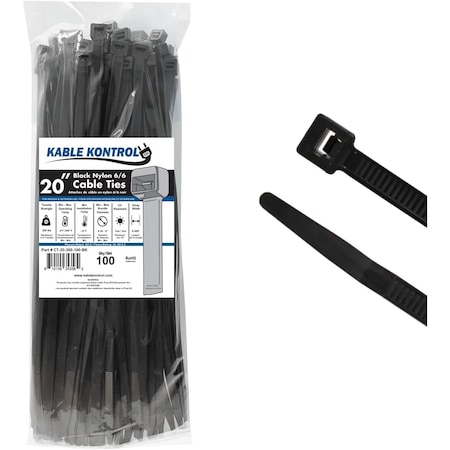 Kable Kontrol Black Cable Zip Ties - UV Resistant, 20 in L, 20 in Max Bundle Dia., Black, Nylon 6-6, 100 PK CT-20-300-100-BK