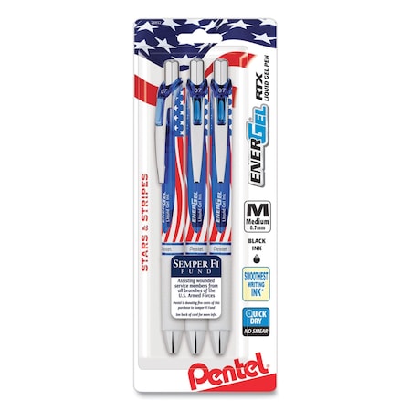 Pentel EnerGel RTX Stars and Stripes Gel Pen, Retractable, Medium 0.7 mm, Black Ink, 3PK BL77USABP3A