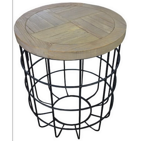 Homeroots 24" Natural and Black Solid Wood and Iron Round Frame End Table 488544