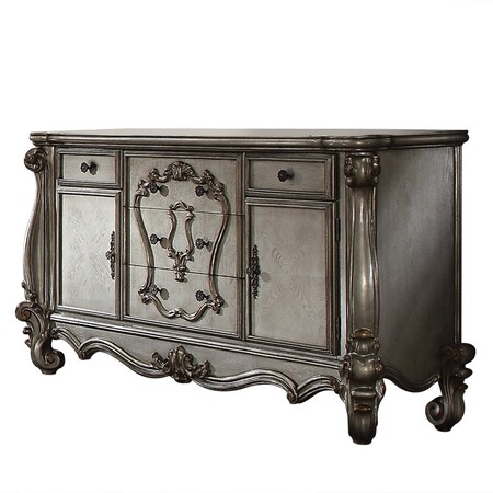 Homeroots 70" Platinum Carved Scrollwork Wood And Polyresin Five Drawer Triple Dresser 490476