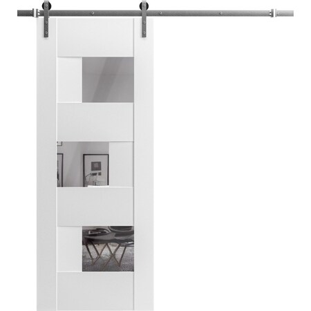 Vdomdoors Modern Barn Door Opaque Glass Sete 6999 White Silk with Mirror 6.6FT Rail Track Heavy Hardware Set SETE6999BD-S-WS-1884