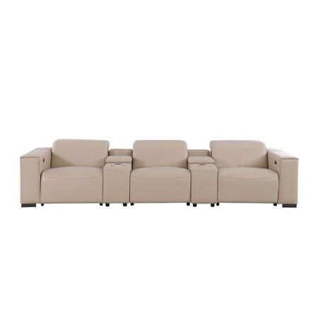 Homeroots 136" Beige Top Grain Leather Reclining Metal USB Sofa 720311