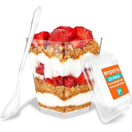Emporio Kitchen 5oz Plastic Dessert Cups with Lids and Spoons, Clear, BPA-Free, Reusable, 25PK EMPKDC25
