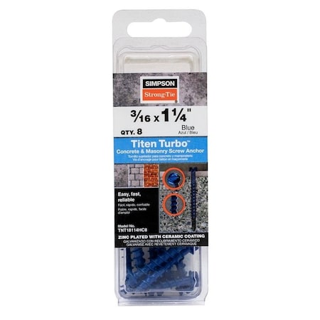 Simpson Strong-Tie Titen Turbo Screw Anchor, 3/16 in Dia, 1-1/4 in L, Carbon Steel, Ceramic-Coated/Zinc TNT18114HC8