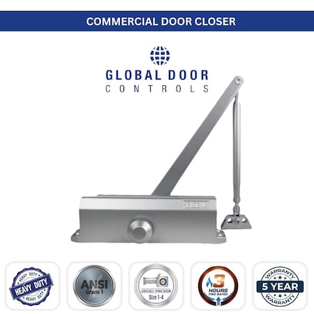 Global Door Controls Commercial ADA Grade 1 Door Closer in Aluminum with Adjustable Spring Tension - Sizes 1-4 TC201ADA-AL