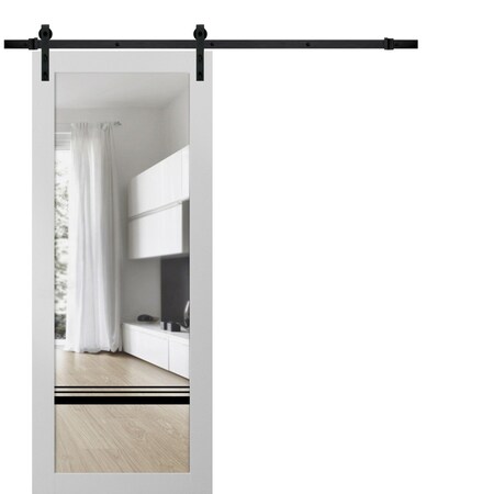 Sartodoors Sturdy Barn Door Clear Tempered Glass, Lucia 2666 White Silk and Aluminum Strips, 6.6FT Black Rail LUCIA2666BD-B-WS-30 x 80