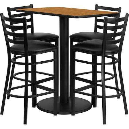 Flash Furniture Rectangle Ntrl Bar Tble, Rctngl w/Rnd Base, Blk Seat, Laminate Top, Wood Grain RSRB1019-GG