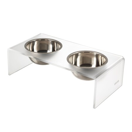 The Licker Store Keaton 5 in Modern Elevated Pet Feeder with 20oz 2-Stainless Steel Bowls, Moon White/Chrome DBL2000K