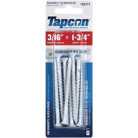 Tapcon 3/16'' x 1-3/4'' Star Drive Flat Head White Concrete Screw Anchors, 8 Ct. 28171