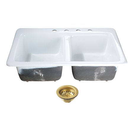 Kingston Brass 33-Inch Cast Iron Self-Rimming Double Bowl Drop-In Kitchen Sink, 4-Hole with Basket Strainers x 2 KGT33229D47