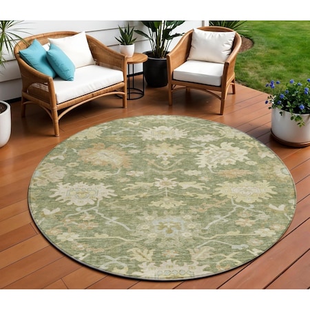 Homeroots 8' Artichoke Green Ivory And Tan Round Floral Washable Indoor Outdoor Area Rug 605183