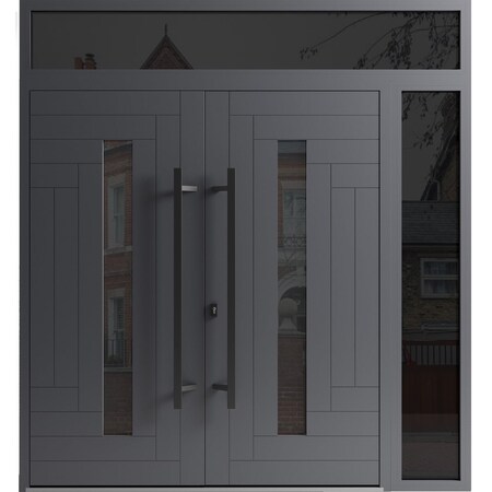 Vdomdoors Front Exterior Prehung Aluminum Double Doors Ronex0130 Grey Top Transom Mirrored Clear Glass Entry RONEX0130DEXD-GRE-W72+16xH96+12-RH-I