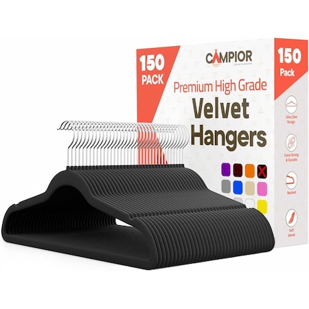 Campior Premium Velvet Non-Slip Hangers, Heavy Duty, 360 Deg Swivel Hook, Black Velvet Finish, 150PK CMPVVH150BK