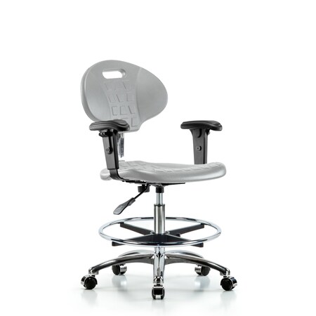 Blue Ridge Ergonomics CL100CleanRoom Chair-Medium Bench Height with Adjustable Arms, Chrome Foot Ring, &Casters in Gray Poly CLR-TPMBCH-CR-A1-CF-CC-GRY