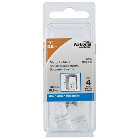 National Hardware V2555 Series Mirror Holder, 35 lb, Plastic, Clear, Wall, 4/PK, 4PK N260-349