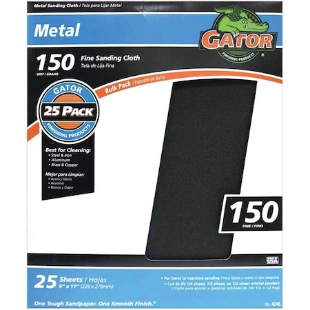 Ali Gator 4245 Sanding Sheet, 11 in L, 9 in W, Fine, 150 Grit, Crocus/Emery Abrasive, Cloth Backing 3290