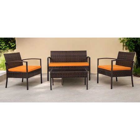 Homeroots Four Piece Outdoor Dark Brown Wicker Sofa Seating Group with Orange Cushions 558552