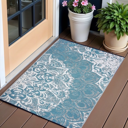 Homeroots 3' X 5' Teal Blue Floral Indoor Outdoor Area Rug 555574