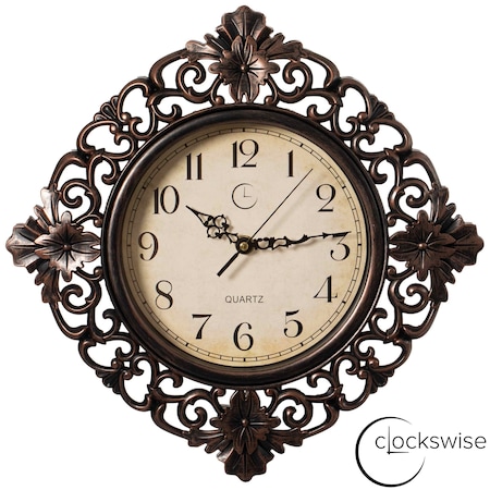 Clockswise 11in Classic Hanging Wall Clock with Ornate Floral Scroll Frame in Vintage Distressed Finish, Brown QI004932