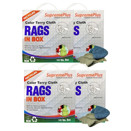 Supremeplus Recycled Color Terry Towel Cleaning Rags, 10 lbs. Compressed Box, Pack of 4, 4PK SP-0393