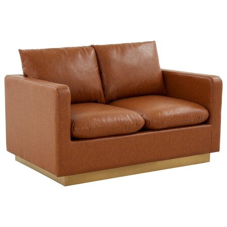 Leisuremod Nervo Upholstered Leather Loveseat with Gold Frame, Cognac Tan NS55BR-L