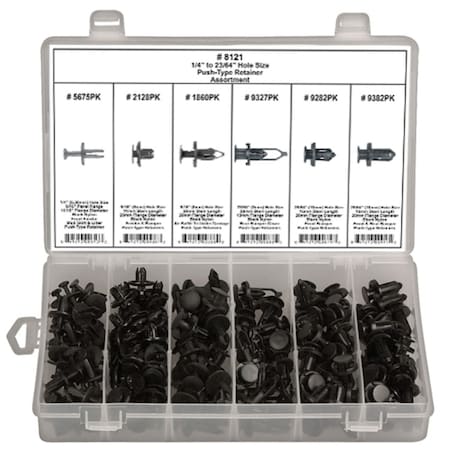 Disco Automotive Hardware Push-Type Retainer Assortment, 6.3 to 10 mm Hole Retainer x 6-3/4 x 11 in Tray, 100PK 8121