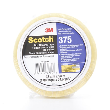 Scotch Packing Tape, 3.1 mil Thick, 2 in W x 50 m L, 3 in Core Dia., Clear 375