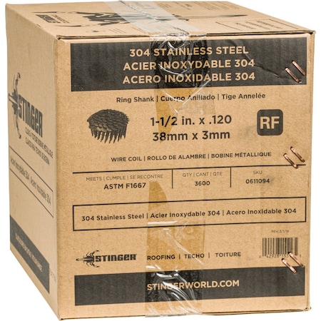 Stinger 1-1/2'' x 0.120'' 15 Degree Stainless Steel Coil Roofing Nails, 3600 Ct. 611094