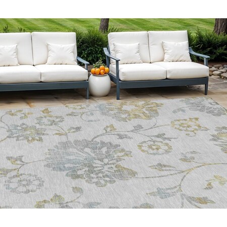 Homeroots 9' X 12' Silver Gray And Gold Floral Washable Indoor Outdoor Area Rug 589504