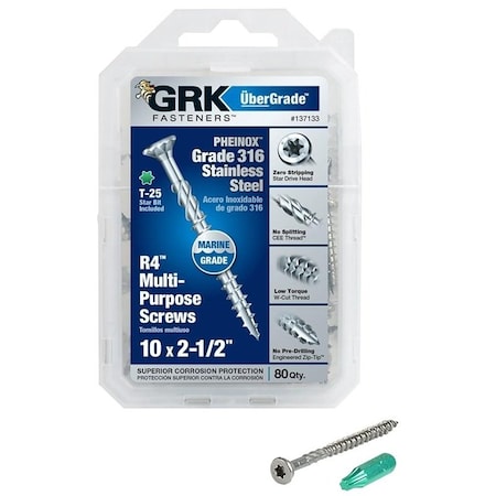 Grk Fasteners Deck Screw, #10 x 2-1/2 in, 316 Stainless Steel, Flat Head, Torx Drive 137133